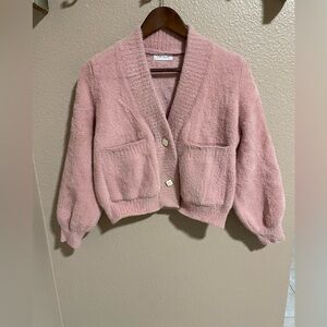 Soft Pink Cropped V-Neck Pocket Cardigan
